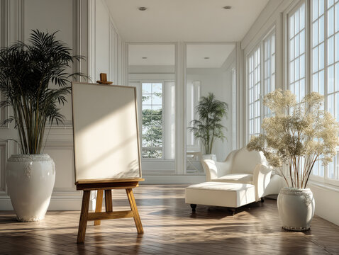 Wooden easel with blank canvas stands in bright sunlit room, surrounded by elegant white decor, large windows, and indoor plants