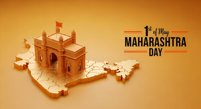 Golden 3d illustration of maharashtra map with gateway of india monument and flag, celebrating maharashtra day on may 1st