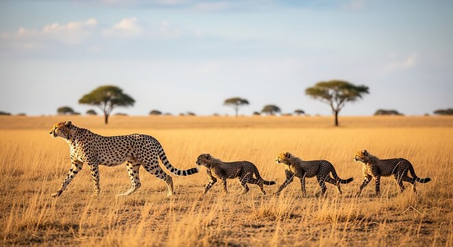 A cheetah family walking in a line, the cubs dutifully following their mother's lead, international cheetah day - Powered by Adobe