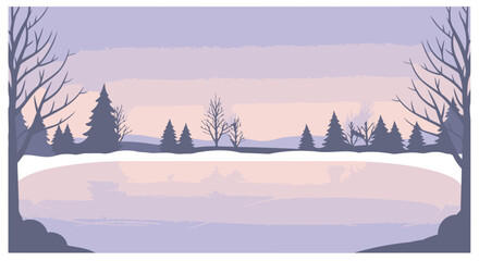 Winter Lake Scene at Dusk, Silhouette Trees and Sky