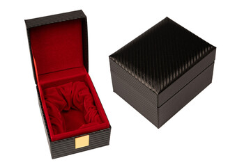 Black empty box covered with red velvet isolated on a white background.
