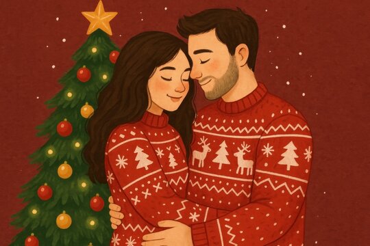 Cozy couple Christmas illustration - Powered by Adobe