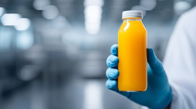 In a bright laboratory, a lab technician wearing gloves proudly holds a bottle of fresh orange juice. The workspace is designed for clean and safe handling of food products