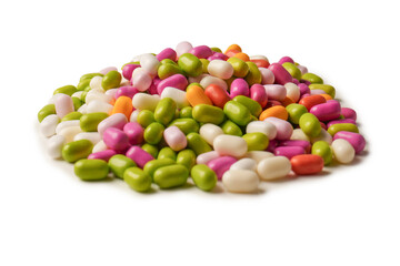 Sweet multicolored candies isolated on white background.