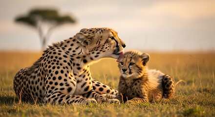 A mother cheetah gently grooming her playful cub in the soft, warm light of the early morning, international cheetah day
