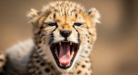 A cheetah cub yawning widely, revealing a tiny pink tongue, in extreme close-up., international cheetah day