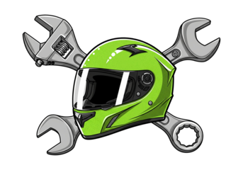 Green Motorcycle Helmet Crossed Wrenches Vector Illustration