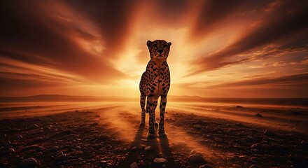 A cheetah silhouetted against the fiery red and orange sky of a dust storm, international cheetah day