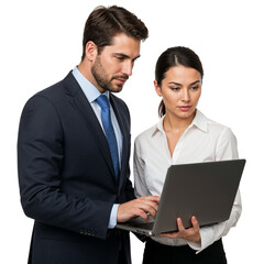 Obraz premium Two business professionals a man and a woman collaborating on a laptop computer isolated on transparent background