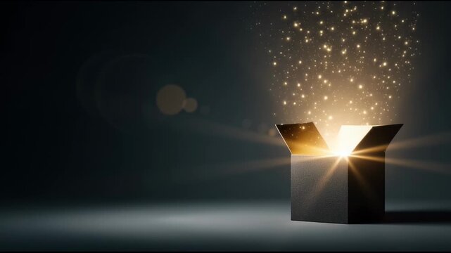 Mysterious open magic box glowing with golden light and sparkling particles . wonder filled container of hope, fantasy, and discovery