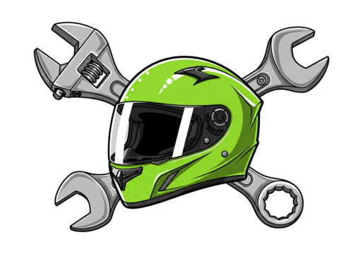 Green Motorcycle Helmet Crossed Wrenches Vector Illustration