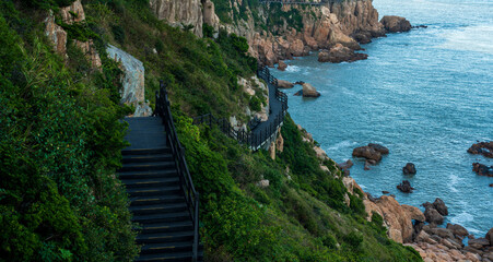 Obraz premium Scenic Coastal Pathway: A Journey Through Nature’s Serenity by the Sea