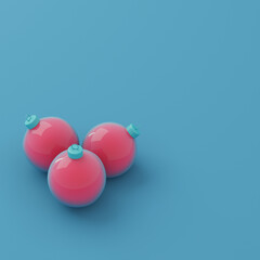 Three red chrismas baubles on bright blue background in pastel colors