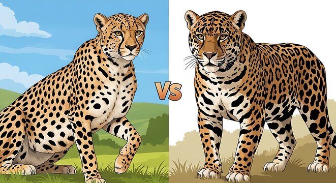 Side-by-side comparison illustration of a cheetah, leopard, and jaguar, highlighting their distinct spot patterns, international cheetah day