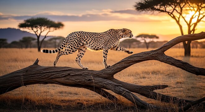 A cheetah using its remarkable balance, walking gracefully along a fallen acacia tree branch, international cheetah day - Powered by Adobe