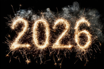 Bright Glowing 2026 Sparkler Numbers with Smoke and Flying Sparks on Black Background