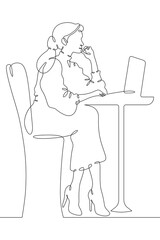Continuous single line drawing girl is sitting at a laptop. A woman is working at a computer.Linear . One continuous line isolated minimalist illustration. Not AI.