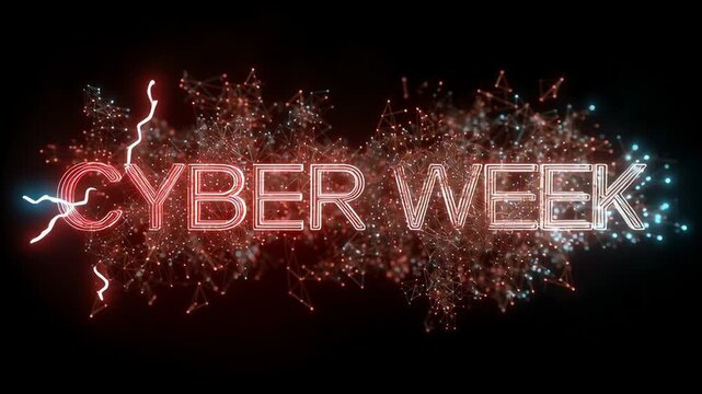 Futuristic Cyber Week sale promotion with glowing neon sign, vibrant firework explosion, and digital lightning on dark background - Powered by Adobe