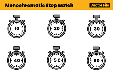 Productivity-Themed Timer Icon Pack Featuring Six Labeled Stopwatch Vectors with Incremental Time Durations