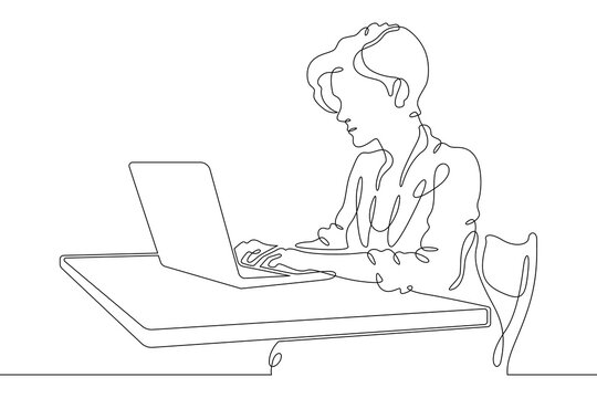Continuous single line drawing girl is sitting at a laptop. A woman is working at a computer.Linear . One continuous line isolated minimalist illustration. Not AI.