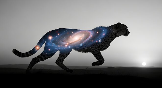 Conceptual image: a cheetah's silhouette filled with a starry night sky, symbolizing its endangered and celestial beauty, international cheetah day