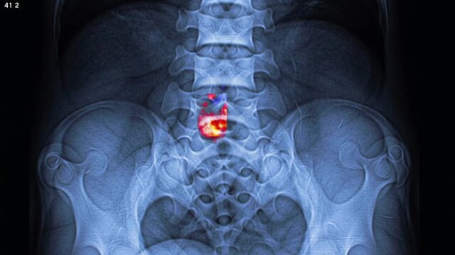 Lumbar Spine XRay with Vertebral Compression Fracture and Red Highlighted Area