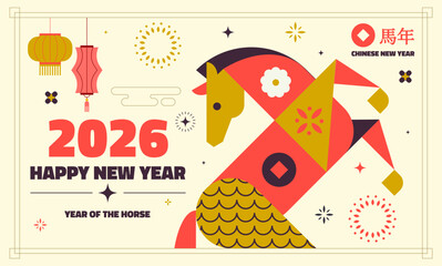 Colorful flat geometric illustration celebrating the 2026 Chinese New Year – Year of the Horse.
Features a stylized horse composed of geometric shapes with festive lanterns. Vector illustration