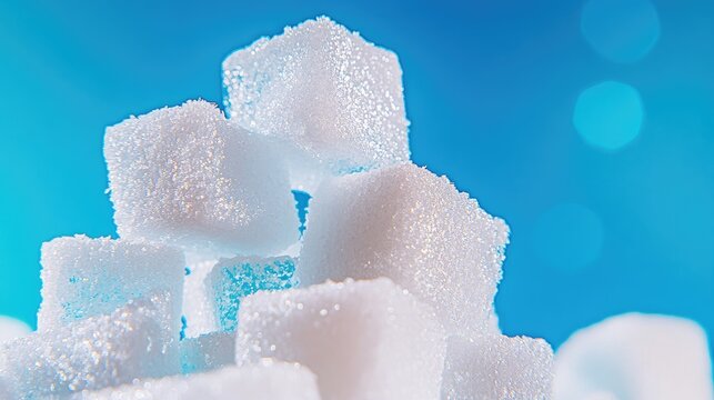 Pile of ice cubes on a blue background showcasing clarity, detail, and texture in high-resolution photography
