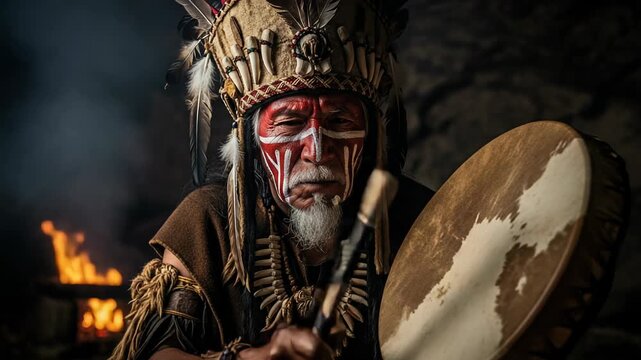 Elderly male shaman beats drum, creating vibration and smoke in sacred ritual