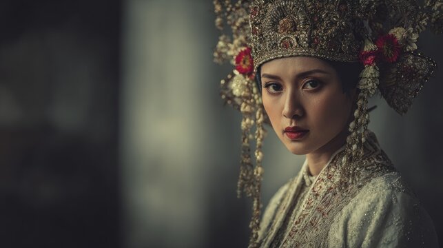 Portrait of a graceful woman adorned with traditional ceremonial attire