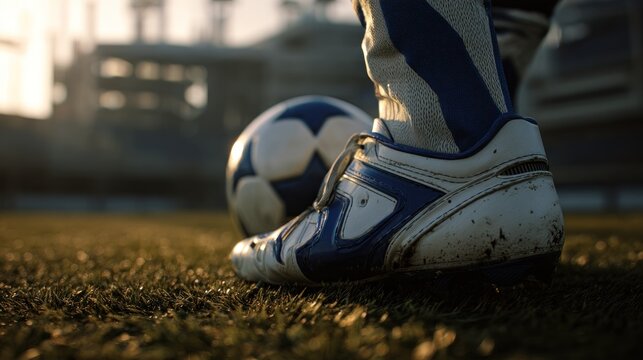 Close-up view of a Soccer player's cleat with a ball on a grass field