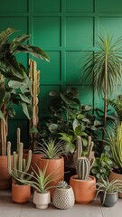 Fototapeta premium Stylish composition of home garden interior filled a lot of beautiful plants, cacti, succulents, air plant in different design pots. Green wall paneling. Template. Home gardening concept Home jungle.