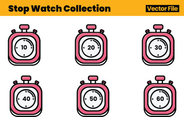 Stopwatch Illustration Set with Six Timer Designs Depicting Various Time Intervals in Structured Arrangement