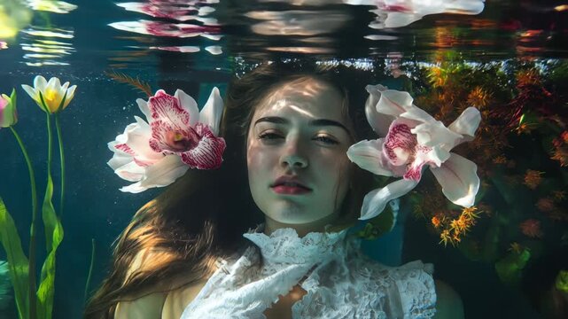 Underwater fashion muse surrounded by orchids, reflective ripples and weightless motion turning a modern beauty portrait into a surreal, gallery‑ready scene full of color, grace, and luxurious editori