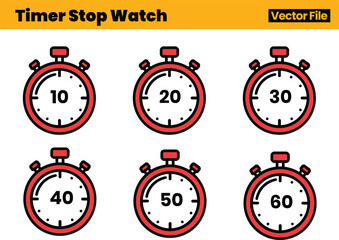 Modern Timer Icon Collection Consisting of Six Labeled Stopwatches Ideal for Measurement-Themed Visuals