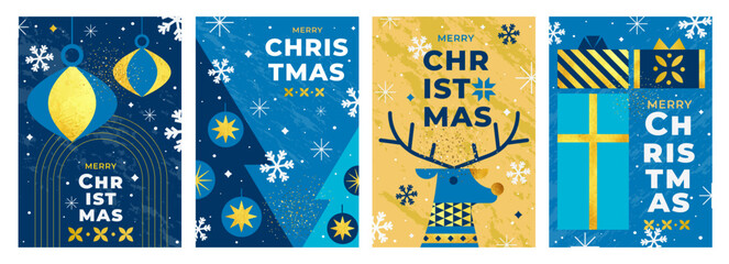 Stylish Christmas greeting cards in blue and gold color palette. Minimal geometric design with house, Christmas tree, snowflakes and ornaments. Perfect for holiday prints and digital cards. Vector