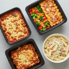 Assorted Ready-to-Eat Pasta Meals Including Lasagna, Penne Alfredo, and Mixed Vegetables in Black Trays, Convenient Italian-Inspired Lunch or Dinner, Overhead View of Microwaveable Comfort Food