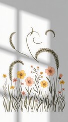 Set hand drawn curly grass and flowers on white isolated background. Botanical illustration. Decorative floral picture.