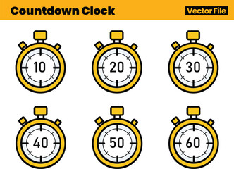 Essential Timer Icon Pack with Six Stopwatches Displaying Sequential Time Intervals Ideal for Productivity Graphics