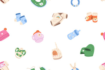 Fototapeta premium Repeatable pattern of different baby items: pacifier, diaper, and cute clothes. Endless background of tools and accessories for newborns, caring about infant kids. Flat seamless vector illustration