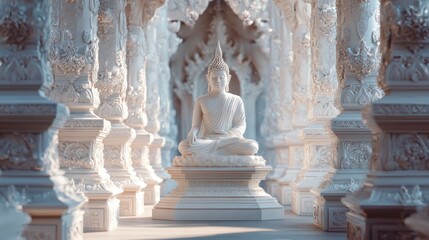 Fototapeta premium Serene Buddha statue amid ornate pillars in an ethereal temple setting