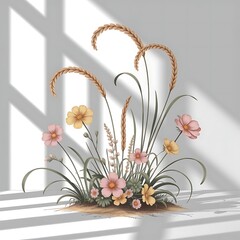 Set hand drawn curly grass and flowers on white isolated background. Botanical illustration. Decorative floral picture.