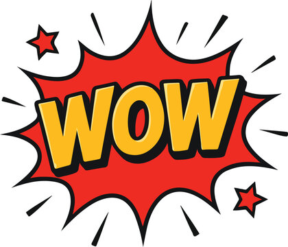 WOW text in a red speech bubble with starburst on white background