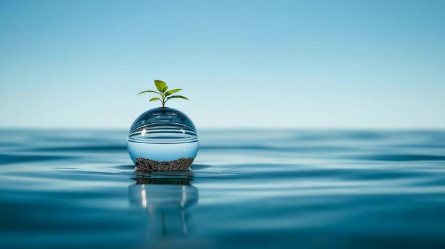 Glass sphere containing soil and green plant sprout floating on calm blue rippling water under clear sky