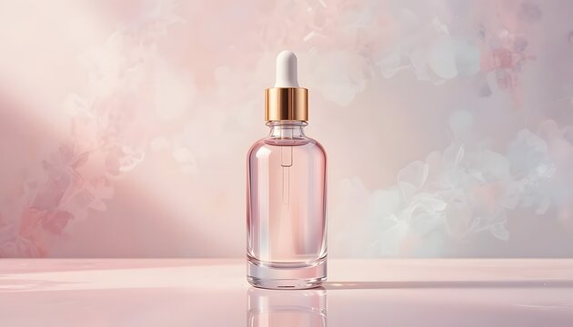 Elegant glass dropper bottle with rose gold accent holds delicate pink serum, perfect for luxury skincare and beauty promotion.