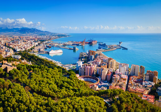 Malaga city aerial panoramic view in Andalusia, Spain