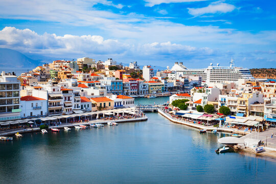 Agios Nikolaos aerial panoramic view, Crete island, Greece