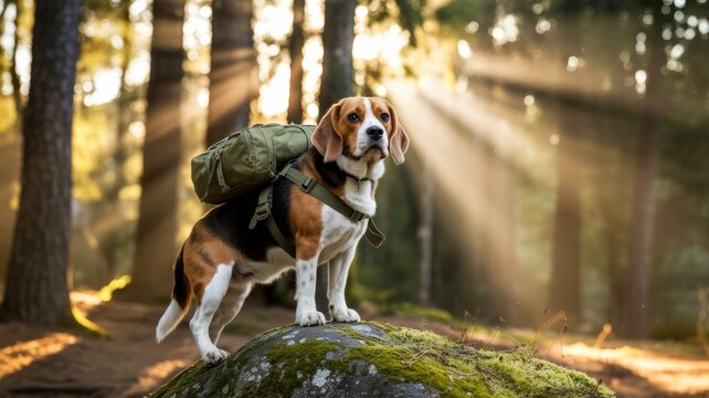 A beagle with a backpack stands on a rock in a sunlit forest, surrounded by tall trees, capturing a moment of adventure in nature.