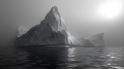 Monochrome Iceberg Floating in Dark Ocean on Foggy Day Background