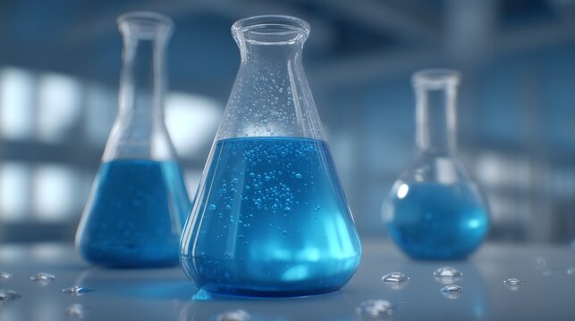 Bright blue liquids bubble in several glass flasks on a sleek, modern lab table. The workspace is alive with potential, showcasing a focused environment for experimentation and research